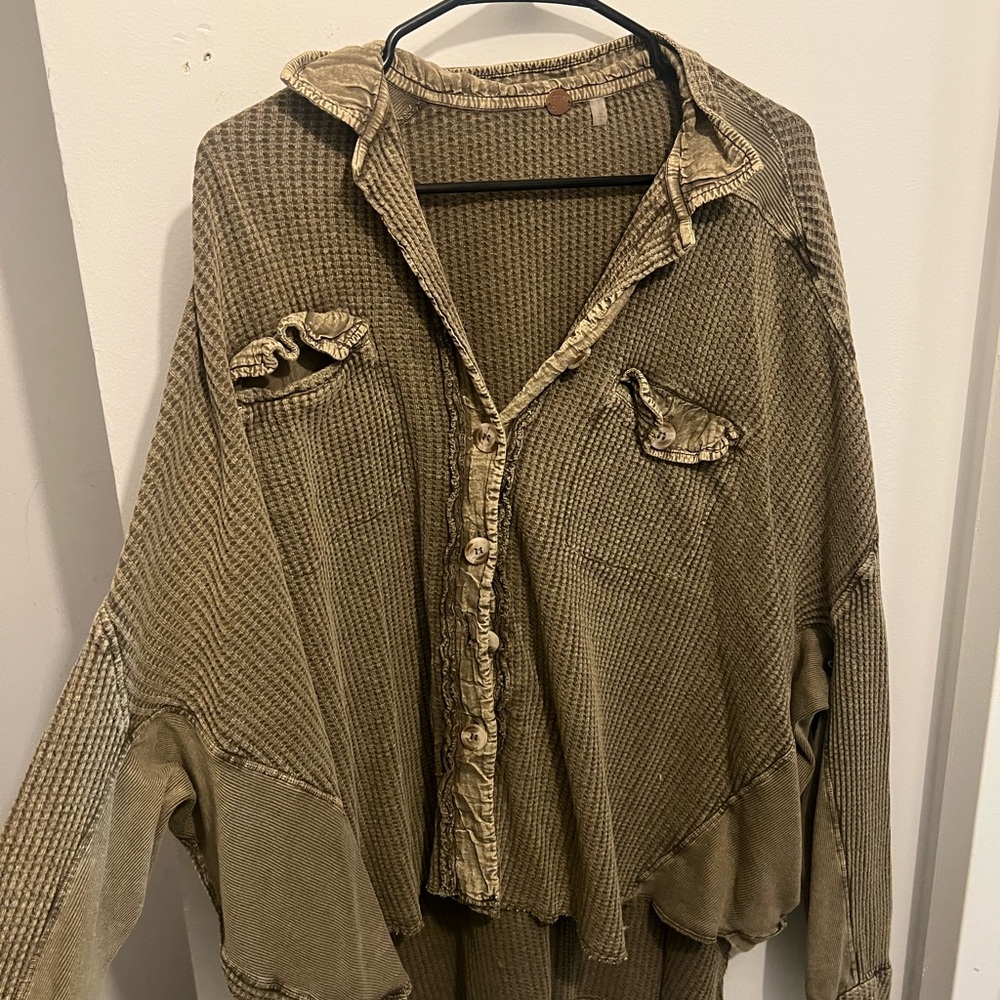 Free people Waffle Knit Button in Olive Green